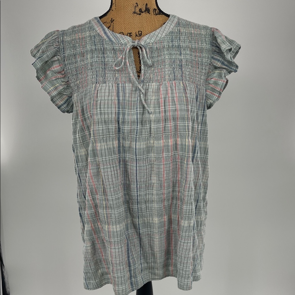 LOFT Pastel Plaid Smocked Flutter Sleeve Top